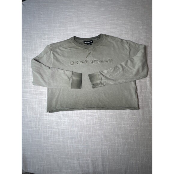 DKNY Cropped Ombré Raw Hem Sweatshirt Cut Out Logo Letters Size Small - Picture 5 of 13